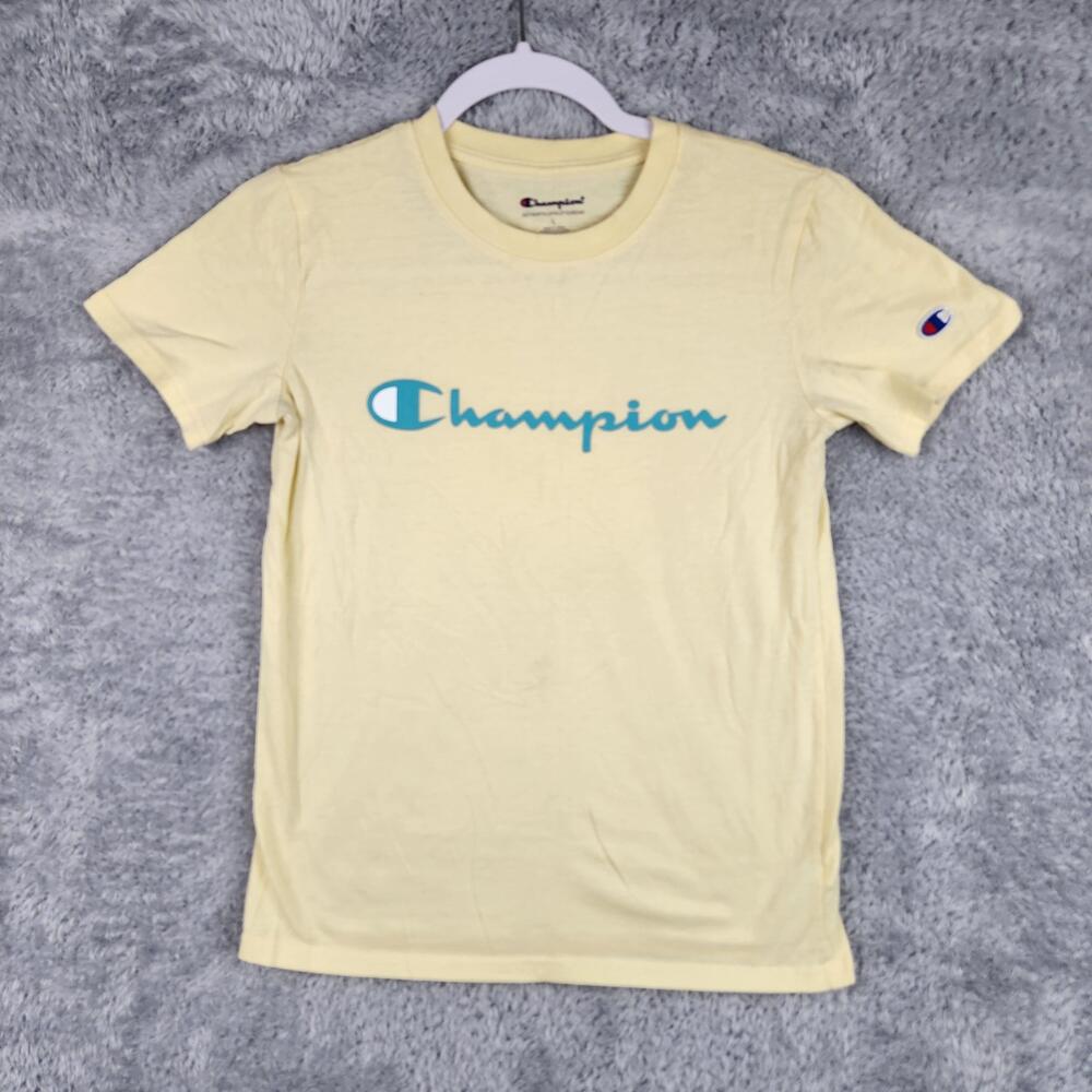 Champion Shirt Womens Large Yellow Script Logo Graphic Tee Athletic Casual Gym